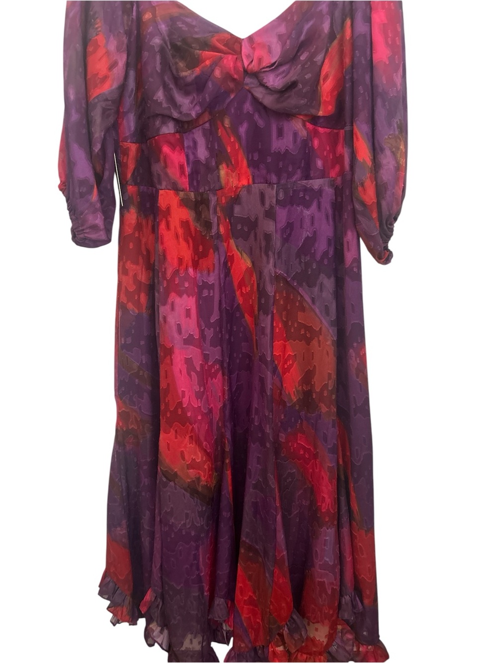 Hutch Printed Twist-Front Puff-Sleeve Ruffle-Hem Dress Purple Pink 1X NWT - Picture 4 of 8